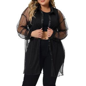 Plus Size Shirt Mesh Sheer Long Sleeve Button Down See Through Tops Black